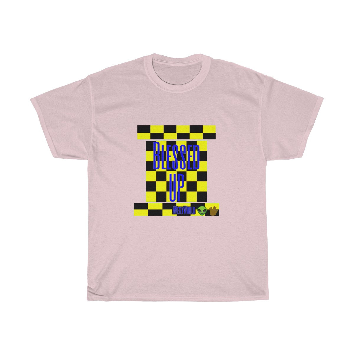Yellow Checkered w/Blue " Bless Up" Unisex Heavy Cotton Tee π½ππΎ - VezzyWorld