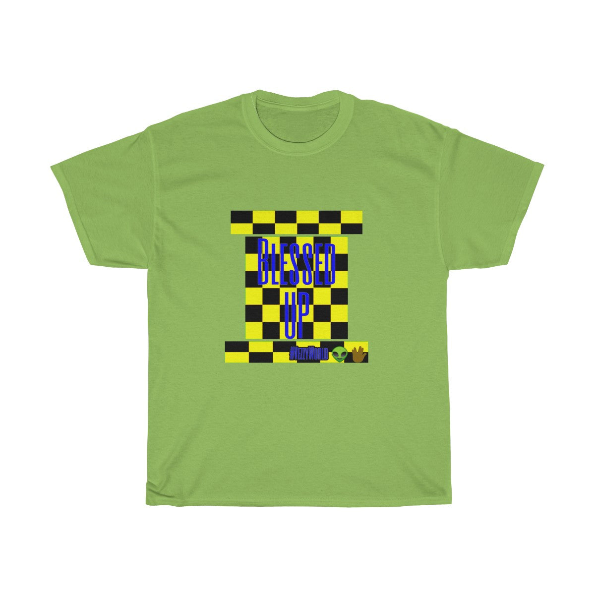 Yellow Checkered w/Blue " Bless Up" Unisex Heavy Cotton Tee π½ππΎ - VezzyWorld