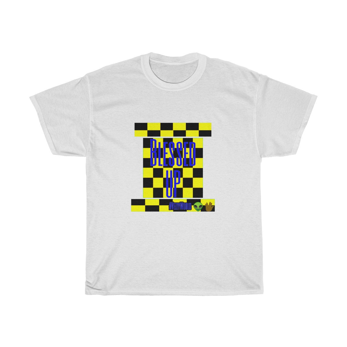 Yellow Checkered w/Blue " Bless Up" Unisex Heavy Cotton Tee π½ππΎ - VezzyWorld