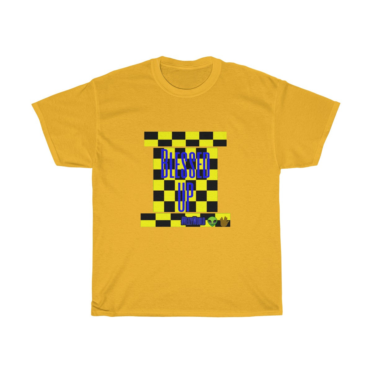 Yellow Checkered w/Blue " Bless Up" Unisex Heavy Cotton Tee π½ππΎ - VezzyWorld