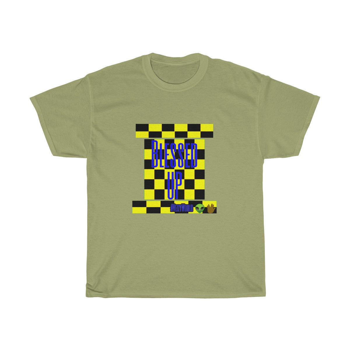 Yellow Checkered w/Blue " Bless Up" Unisex Heavy Cotton Tee π½ππΎ - VezzyWorld