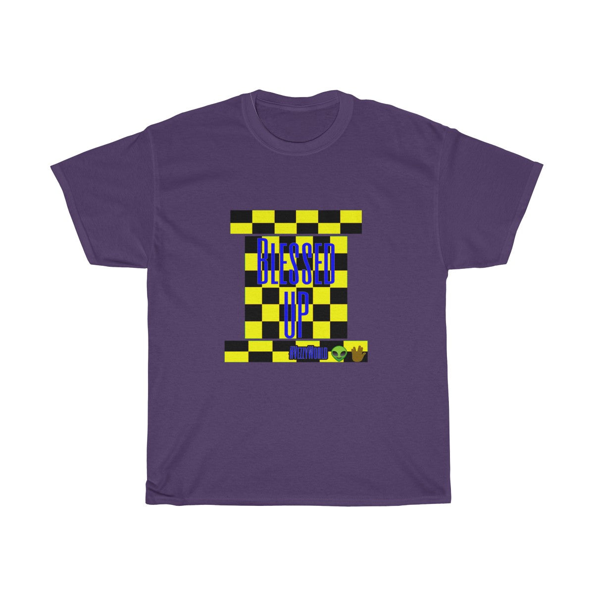 Yellow Checkered w/Blue " Bless Up" Unisex Heavy Cotton Tee π½ππΎ - VezzyWorld