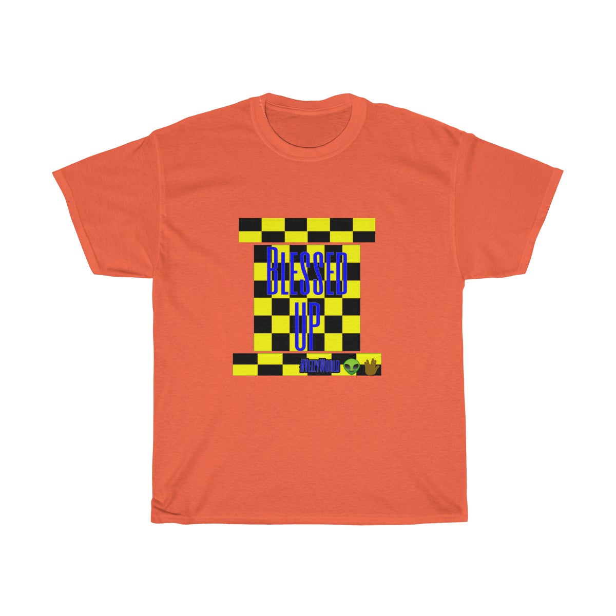 Yellow Checkered w/Blue " Bless Up" Unisex Heavy Cotton Tee π½ππΎ - VezzyWorld