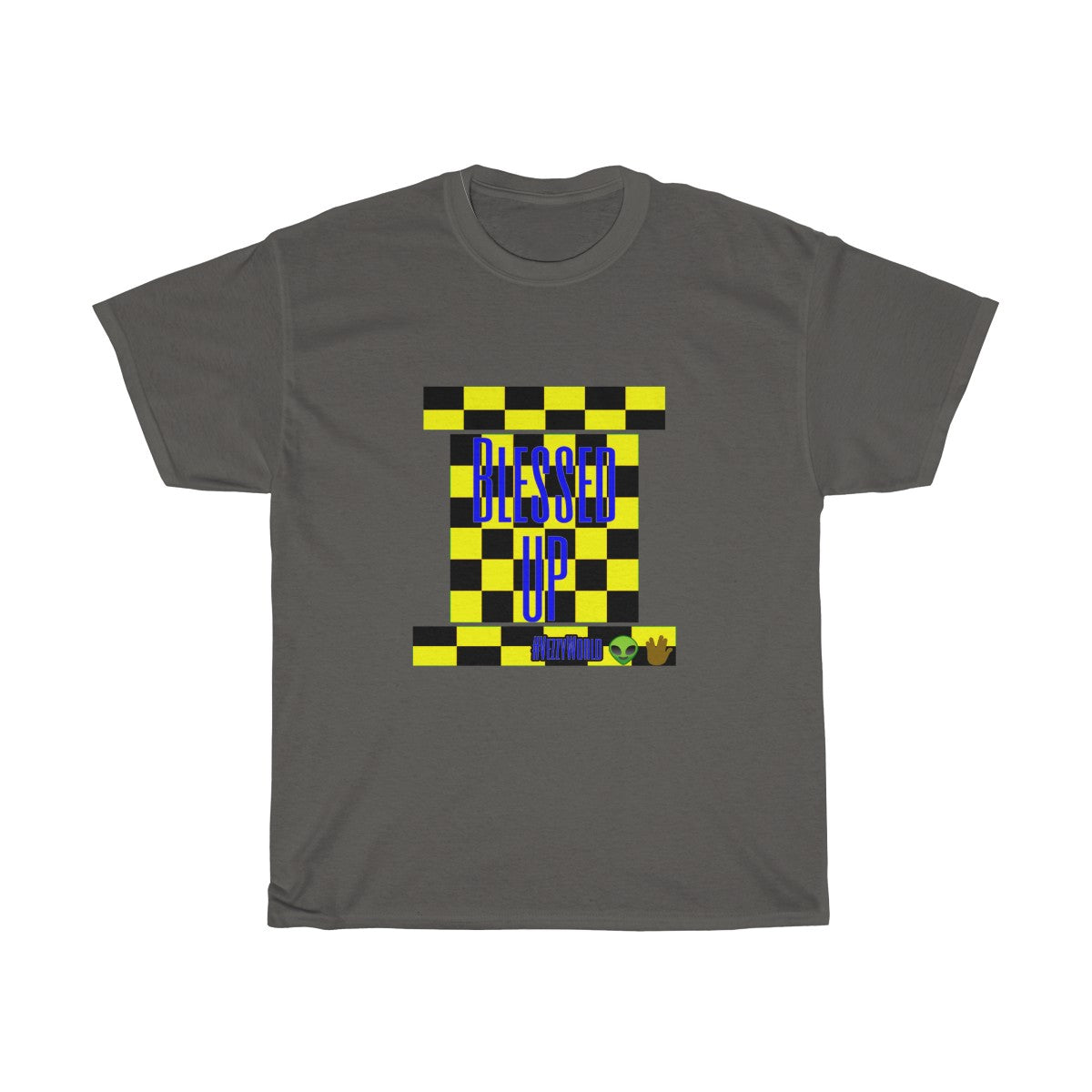 Yellow Checkered w/Blue " Bless Up" Unisex Heavy Cotton Tee π½ππΎ - VezzyWorld