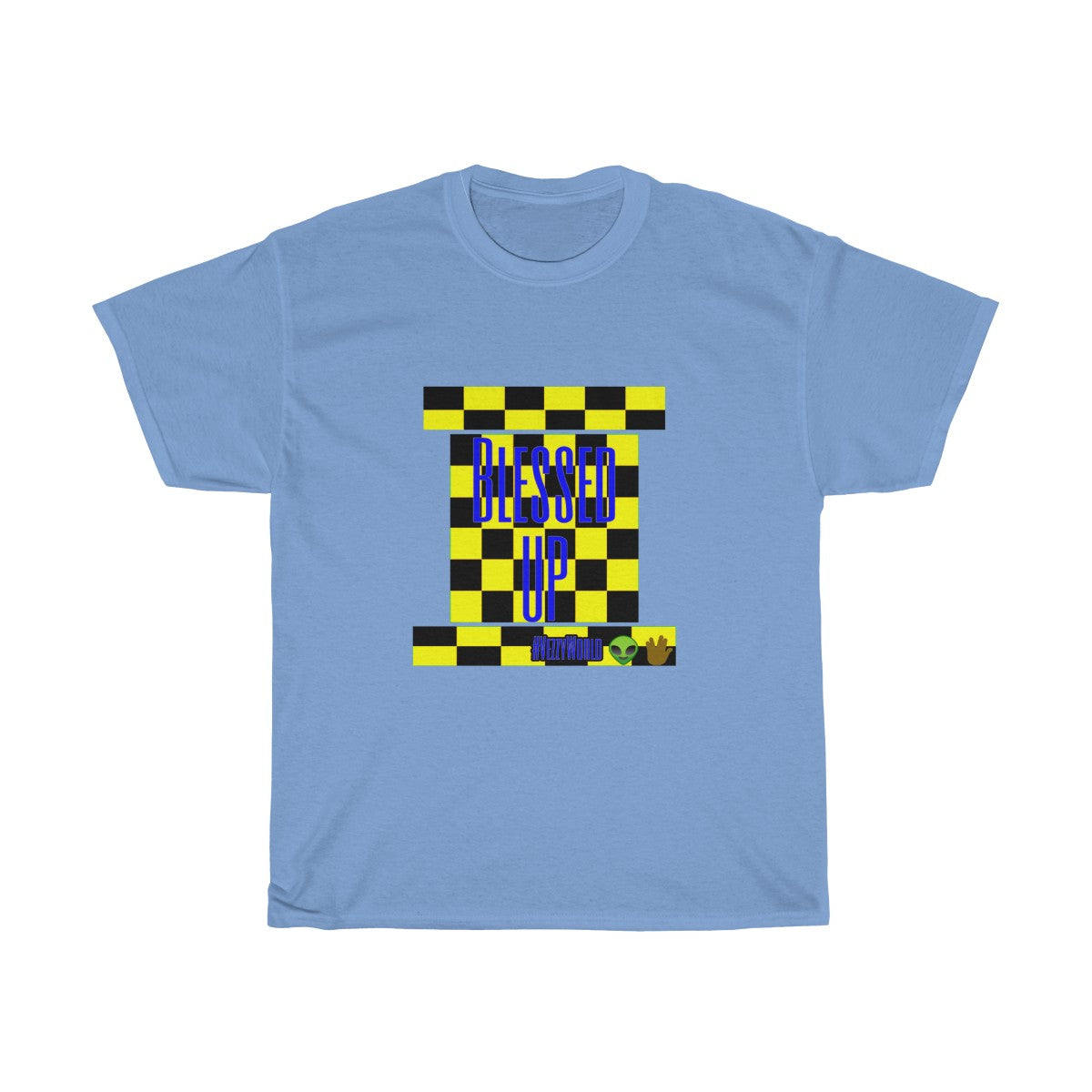 Yellow Checkered w/Blue " Bless Up" Unisex Heavy Cotton Tee π½ππΎ - VezzyWorld