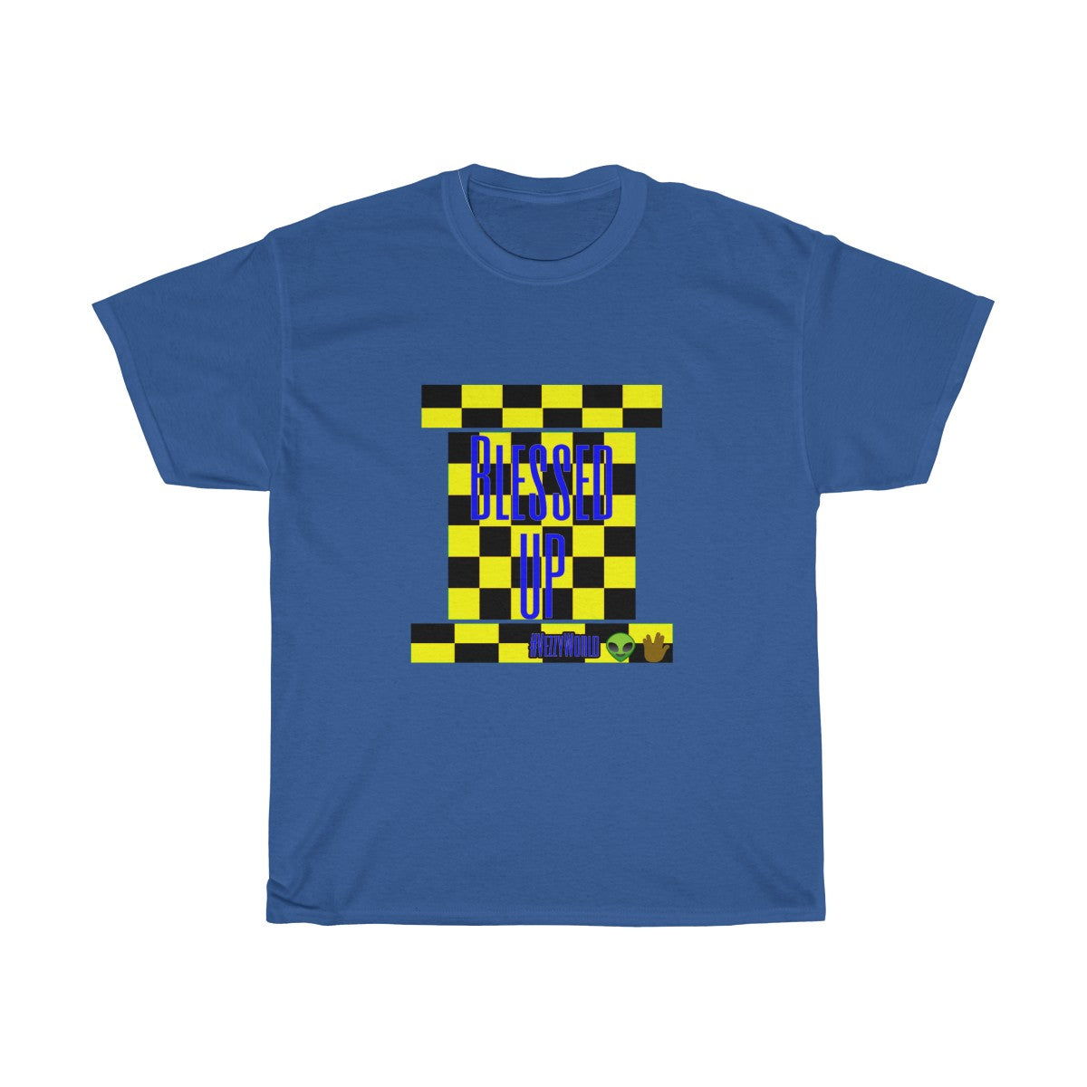 Yellow Checkered w/Blue " Bless Up" Unisex Heavy Cotton Tee π½ππΎ - VezzyWorld