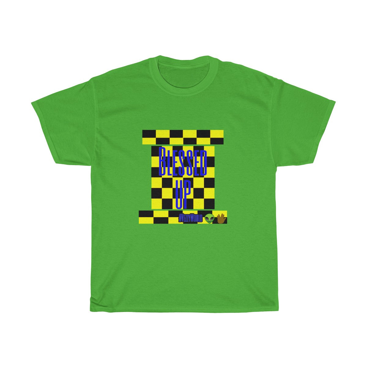 Yellow Checkered w/Blue " Bless Up" Unisex Heavy Cotton Tee π½ππΎ - VezzyWorld