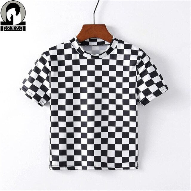 #VezzyWorld 2019 New Women Black and White Plaid printing T shirt short-sleeve casual Crop Harajuku Tops Hot - VezzyWorld