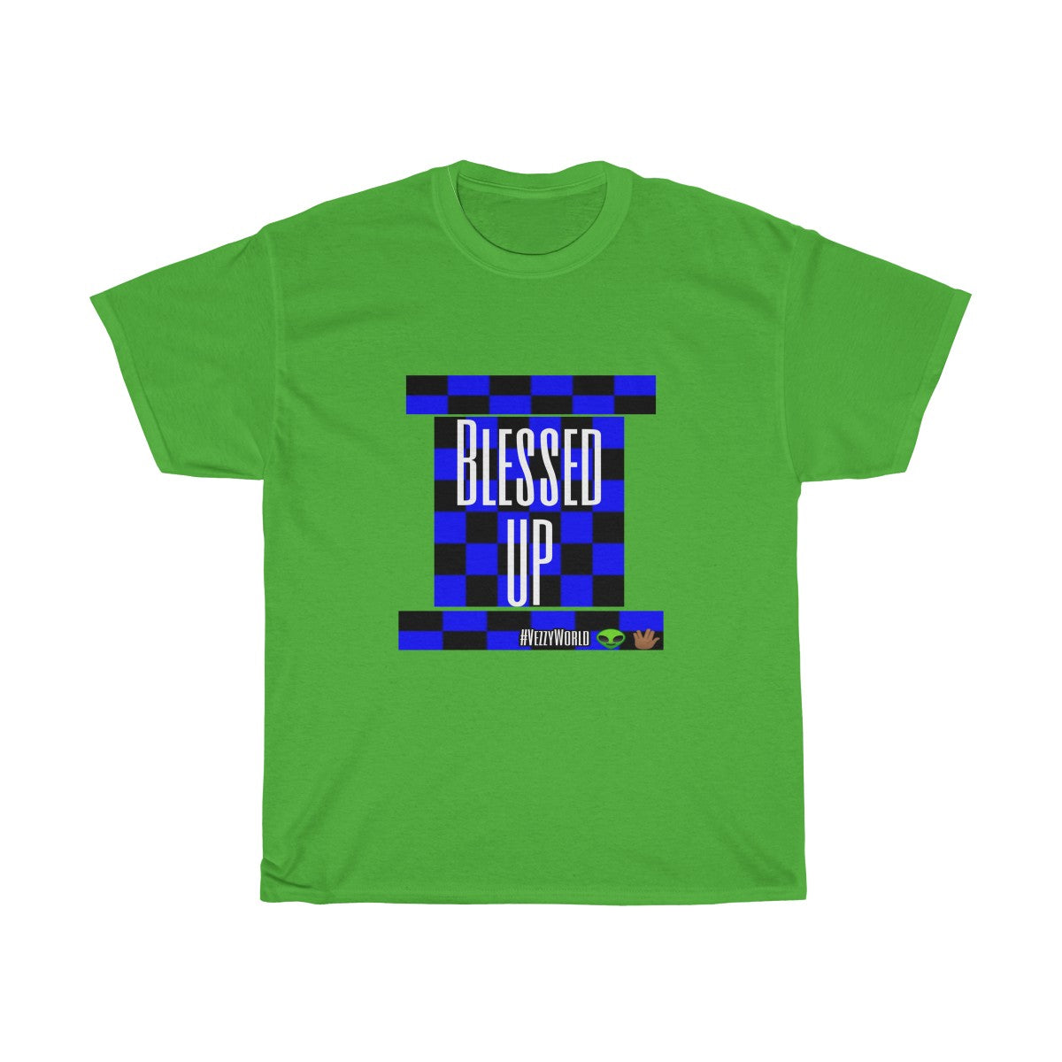 Blue Checkered " Bless Up" Tee 👽🖖🏾 - VezzyWorld