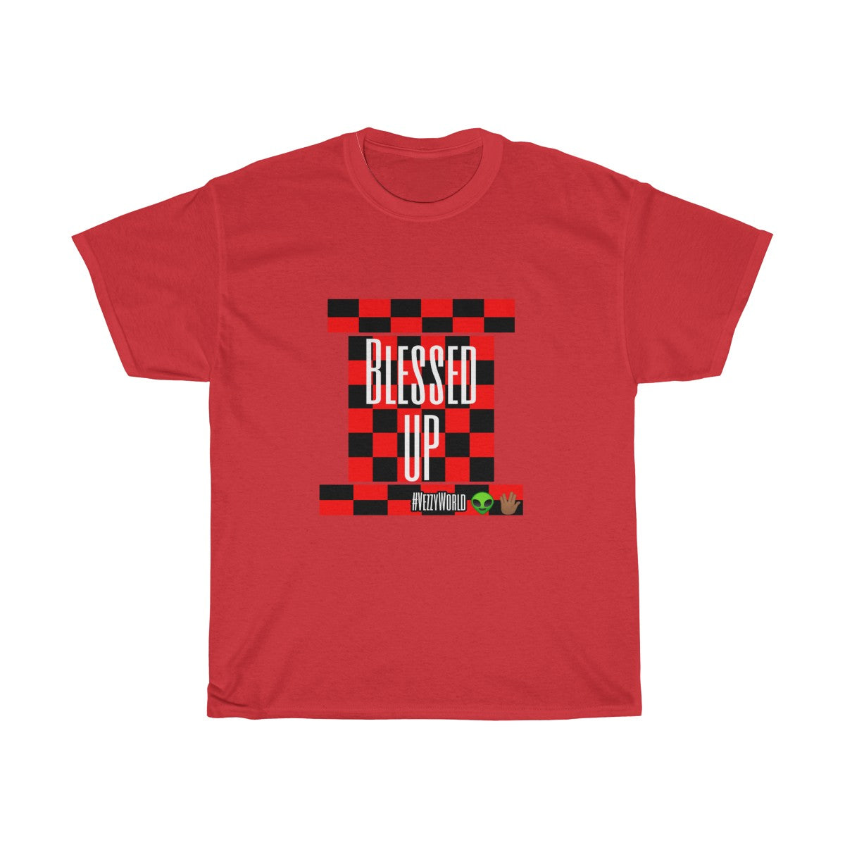 Red Checkered " Blessed Up" Tee 👽🖖🏾 - VezzyWorld