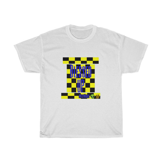 Yellow Checkered w/Blue " Bless Up" Unisex Heavy Cotton Tee 👽🖖🏾 - VezzyWorld