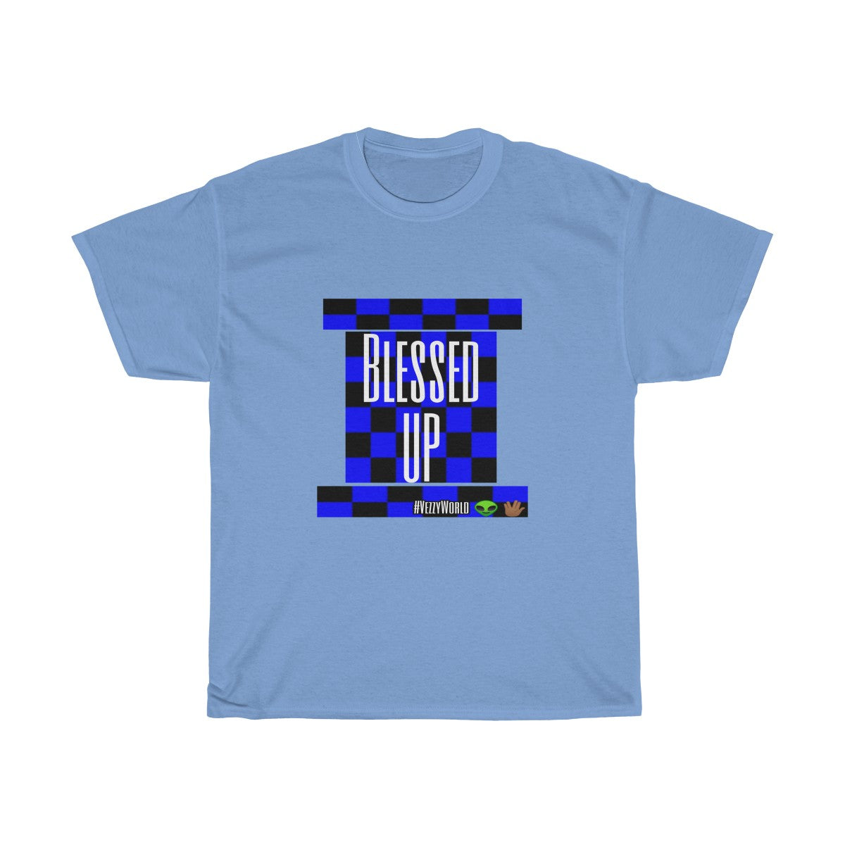 Blue Checkered " Bless Up" Tee 👽🖖🏾 - VezzyWorld