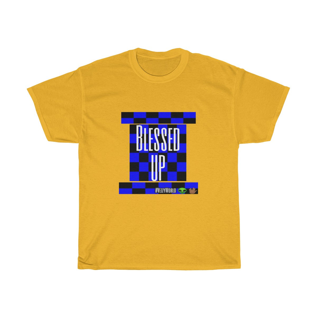 Blue Checkered " Bless Up" Tee 👽🖖🏾 - VezzyWorld