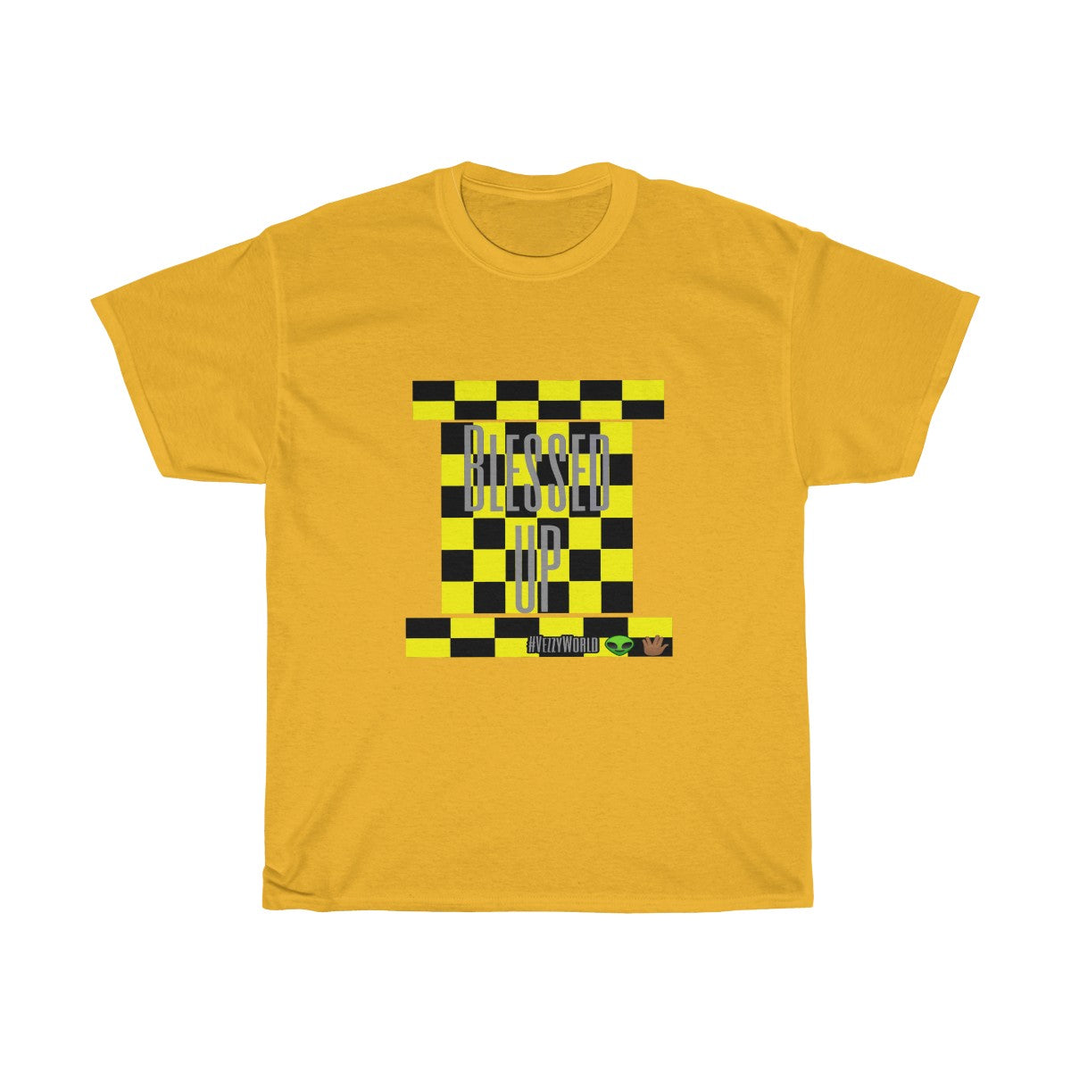 Yellow Checkered w/Grey " Blessed Up" Tee 👽🖖🏾 - VezzyWorld