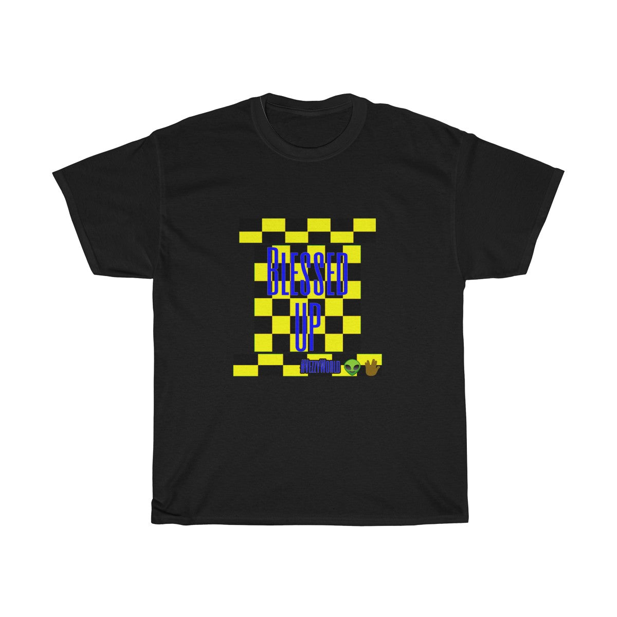 Yellow Checkered w/Blue " Bless Up" Unisex Heavy Cotton Tee 👽🖖🏾 - VezzyWorld