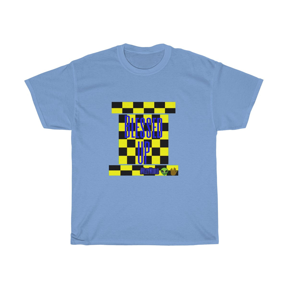 Yellow Checkered w/Blue " Bless Up" Unisex Heavy Cotton Tee 👽🖖🏾 - VezzyWorld