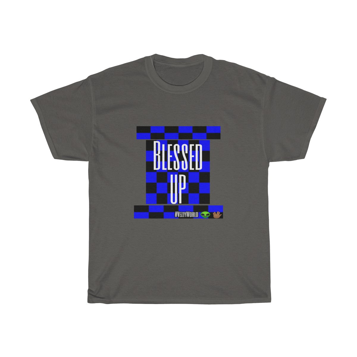 Blue Checkered " Bless Up" Tee 👽🖖🏾 - VezzyWorld