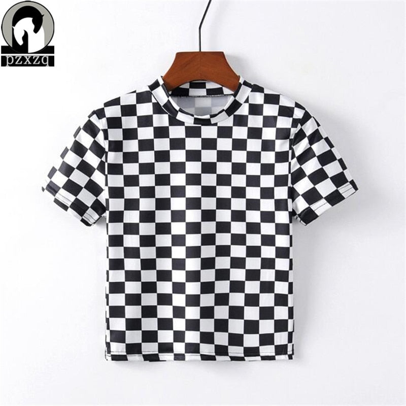 #VezzyWorld  2019 New Women Black and White Plaid printing T shirt short-sleeve casual Crop Harajuku Tops Hot - VezzyWorld